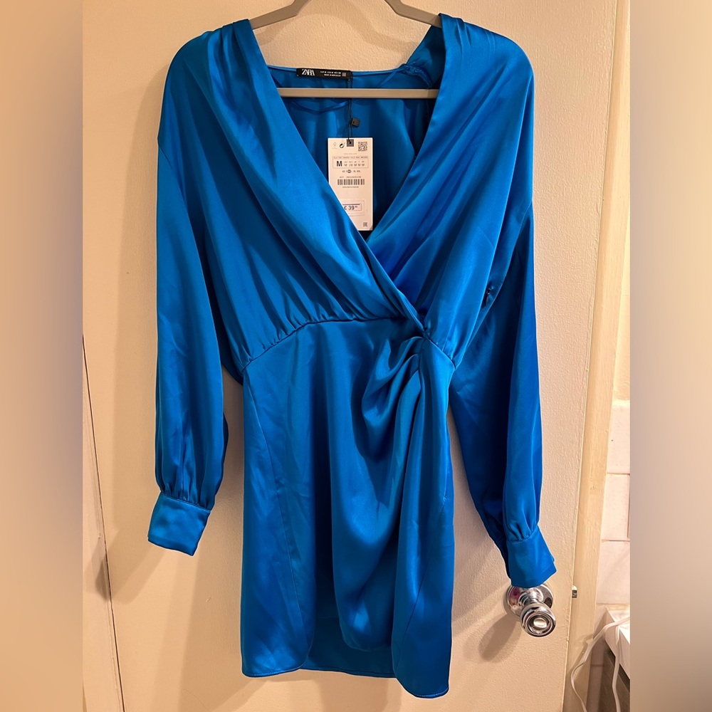 NWT Blue Satin Wrap Mini Dress - Zara